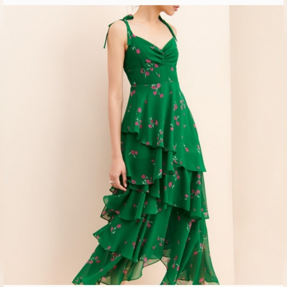 Flynn Skye Emerald Leona Sleeveless Ruffle-Layer Dress Size‎ S Boho Chic